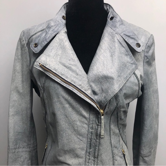 Hugo Boss Orange Genuine Leather Womens Biker Jacket in Silver/Grey - Picture 3 of 16